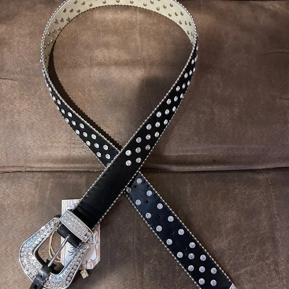 Womens Western Rhinestone Belt Black Silver Studded Bling Cowgirl  Medium‎ New